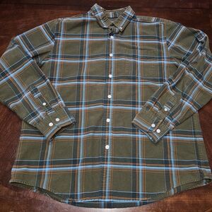 LL Bean Signature Men Slim Fit Sz Large Button Up Plaid Shirt Brown Blue Orange